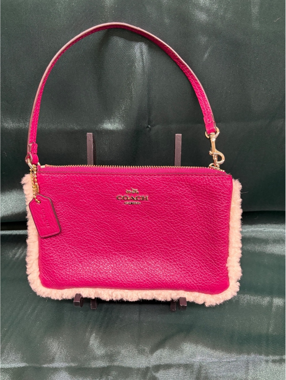 Coach Fuchsia Shearling And Pebbled Leather Small Wristlet Style F64709 EUC